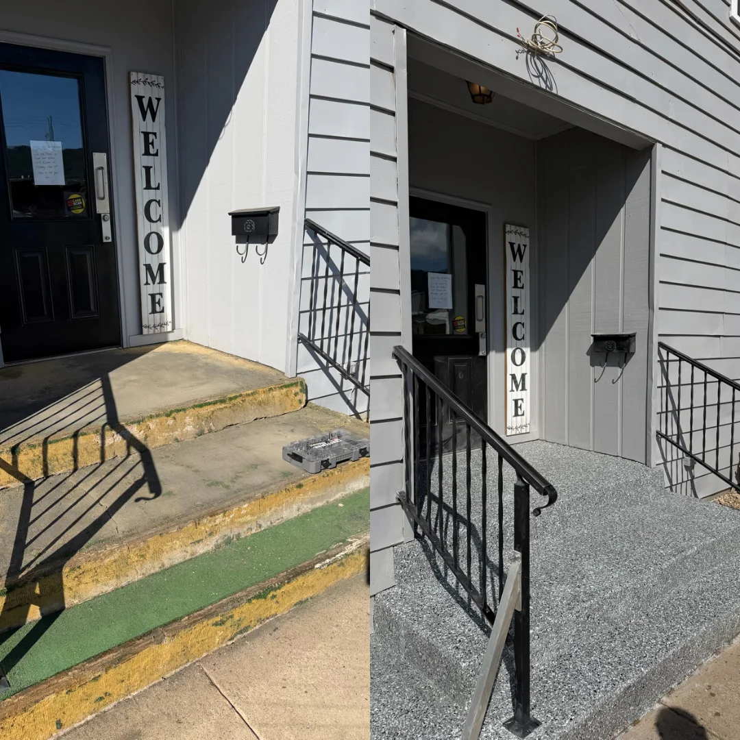 Before and after: concrete entry steps with peeling yellow and green paint, then the same steps and landing coated in a gray flake system