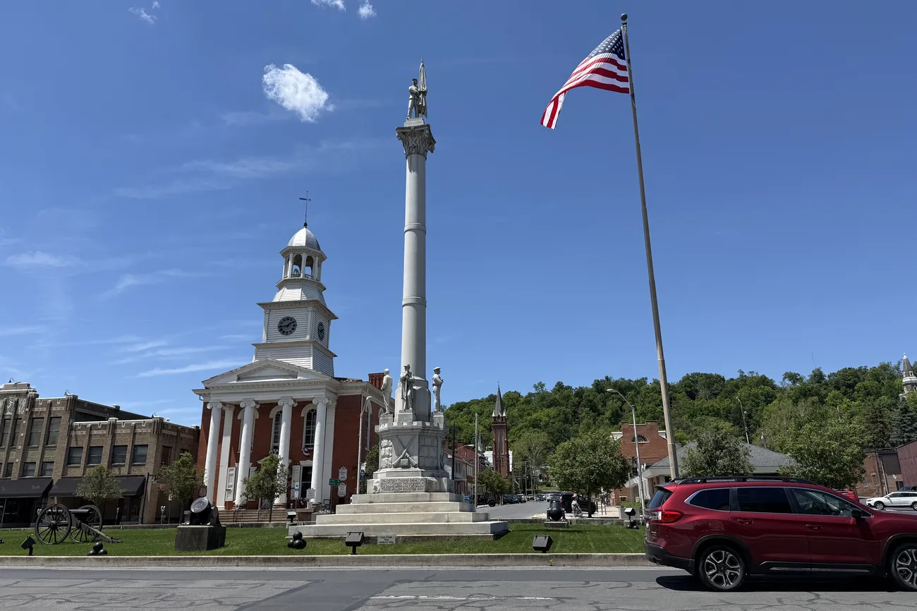 Monument Square in downtown Lewistown, PA, seen from South Main Street